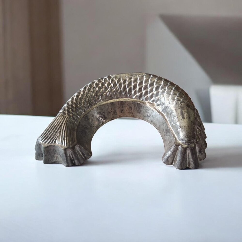 Antique Tin or Zinc Koi Fish Mold, Vintage Victorian Era